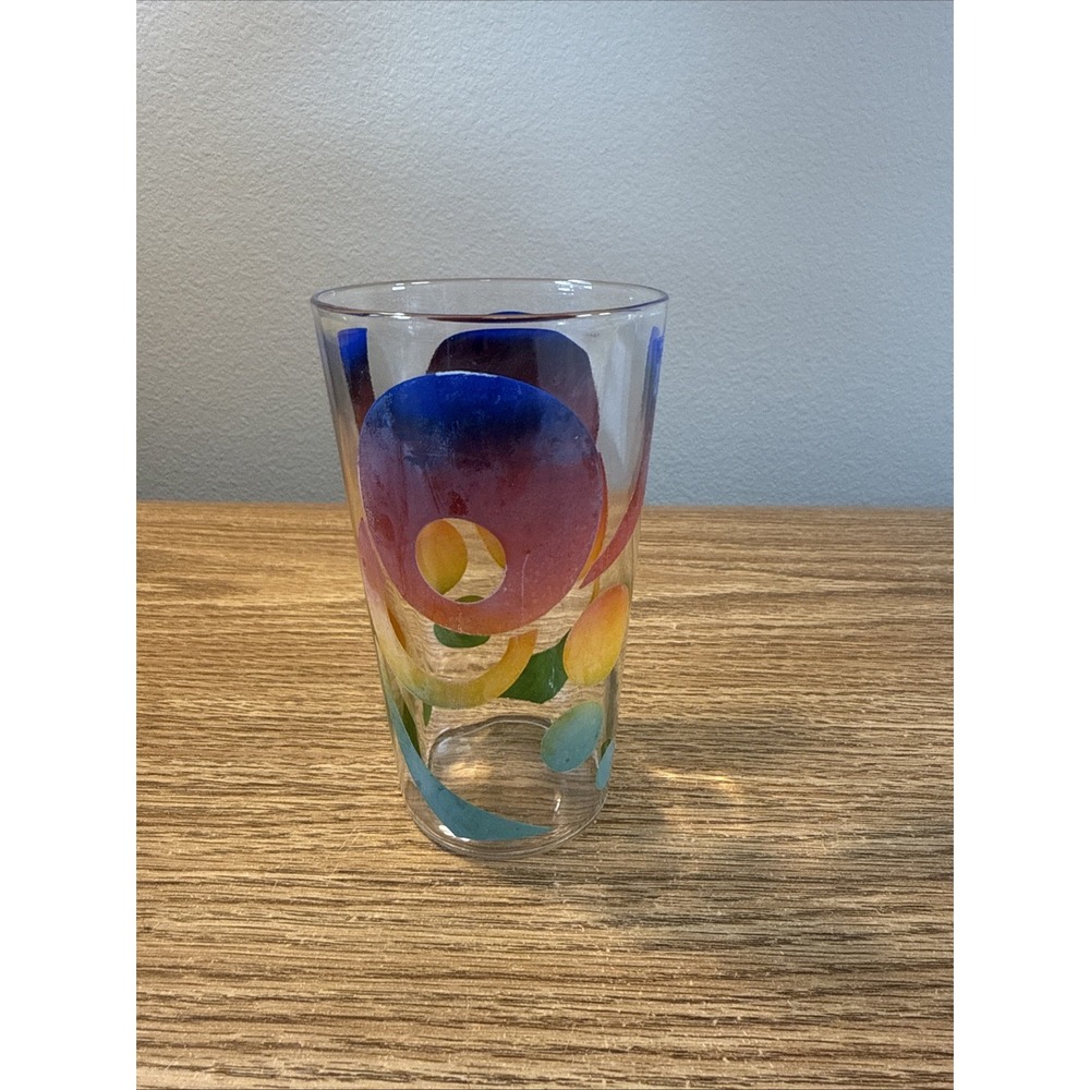 VTG MCM‎ Kraft Cheese Glass Tumbler Geometric Design Blue Red Green Faded (5)